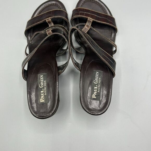 Paul Green Sandals Heel Brown Croc Leather Open Toe Slip On Shoes Size 6.5 - Picture 9 of 11